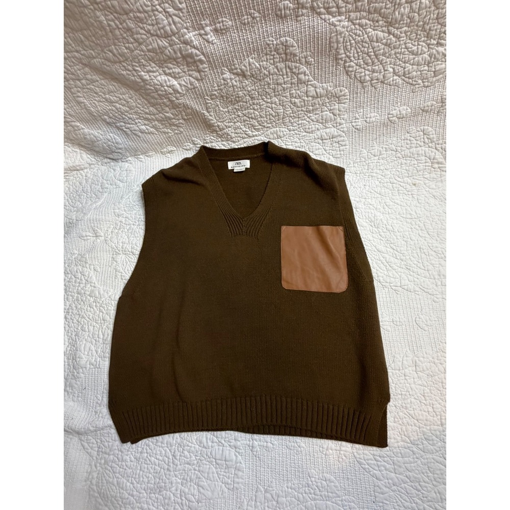 Zara Man Edition AW23 Brown Knit V-Neck Sweater Vest Faux Leather Pocket S-M